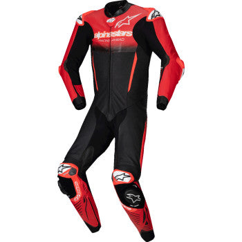Alpinestars GP-R7 1-PC leather suit in black and red, featuring racing design, visible padding, and zip closure.