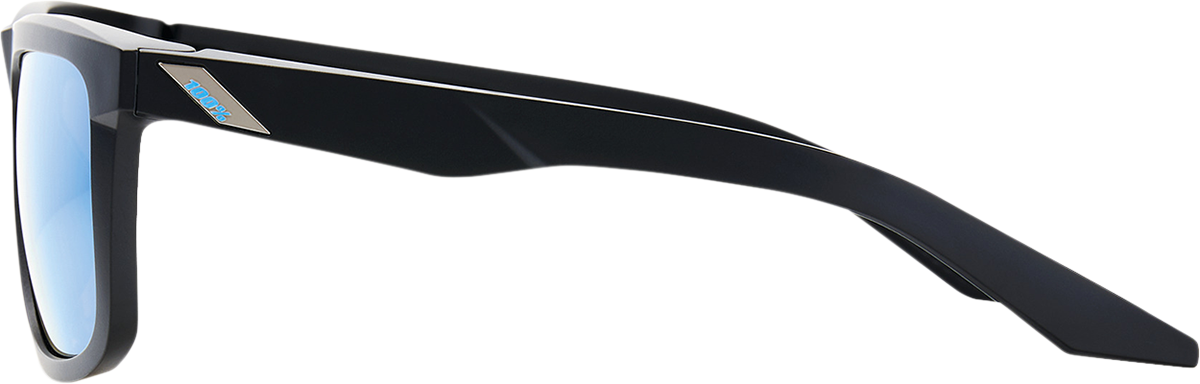 Bill's Exhausts 100% Blake sunglasses with matte black frame and HiPER blue mirror lenses, stylish and reflective eyewear.