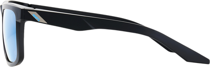 Bill's Exhausts 100% Blake sunglasses with matte black frame and HiPER blue mirror lenses, stylish and reflective eyewear.