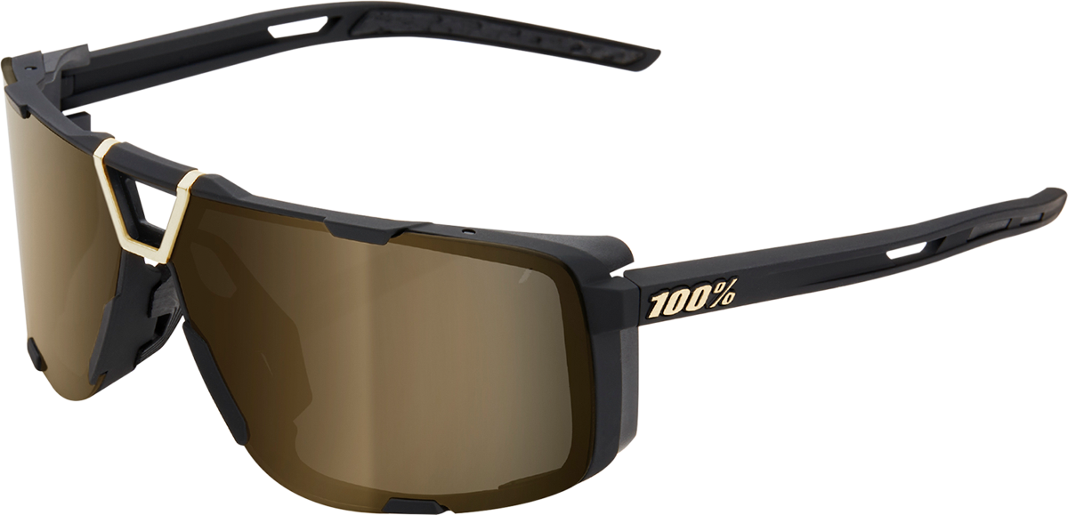 Bill's Exhausts 100% Eastcraft sunglasses with soft tact black frames and gold mirror lenses, stylish and protective eyewear.