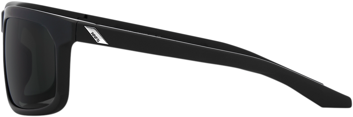 Bill's Exhausts 100% Hakan sunglasses in black with gray PeakPolar lenses, featuring sleek frame and polarized lens design.