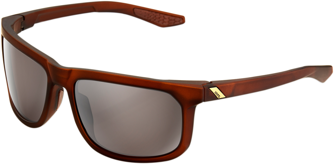 Bill's Exhausts 100% Hakan sunglasses in rootbeer with silver mirror lenses, showcasing stylish eyewear with reflective lenses.