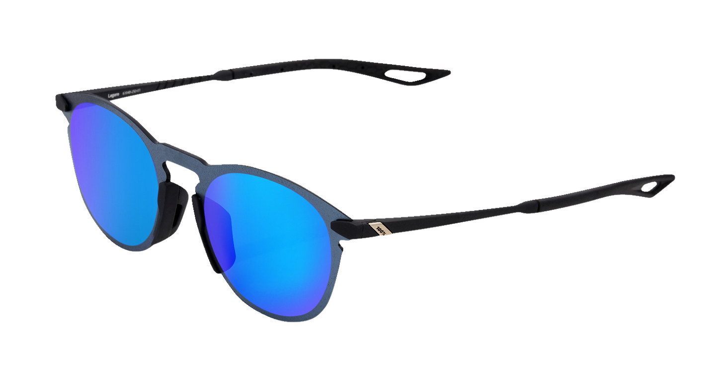 Bill's Exhausts 100% Legere sunglasses with round black soft tact frame and blue mirror lenses, stylish and modern eyewear.