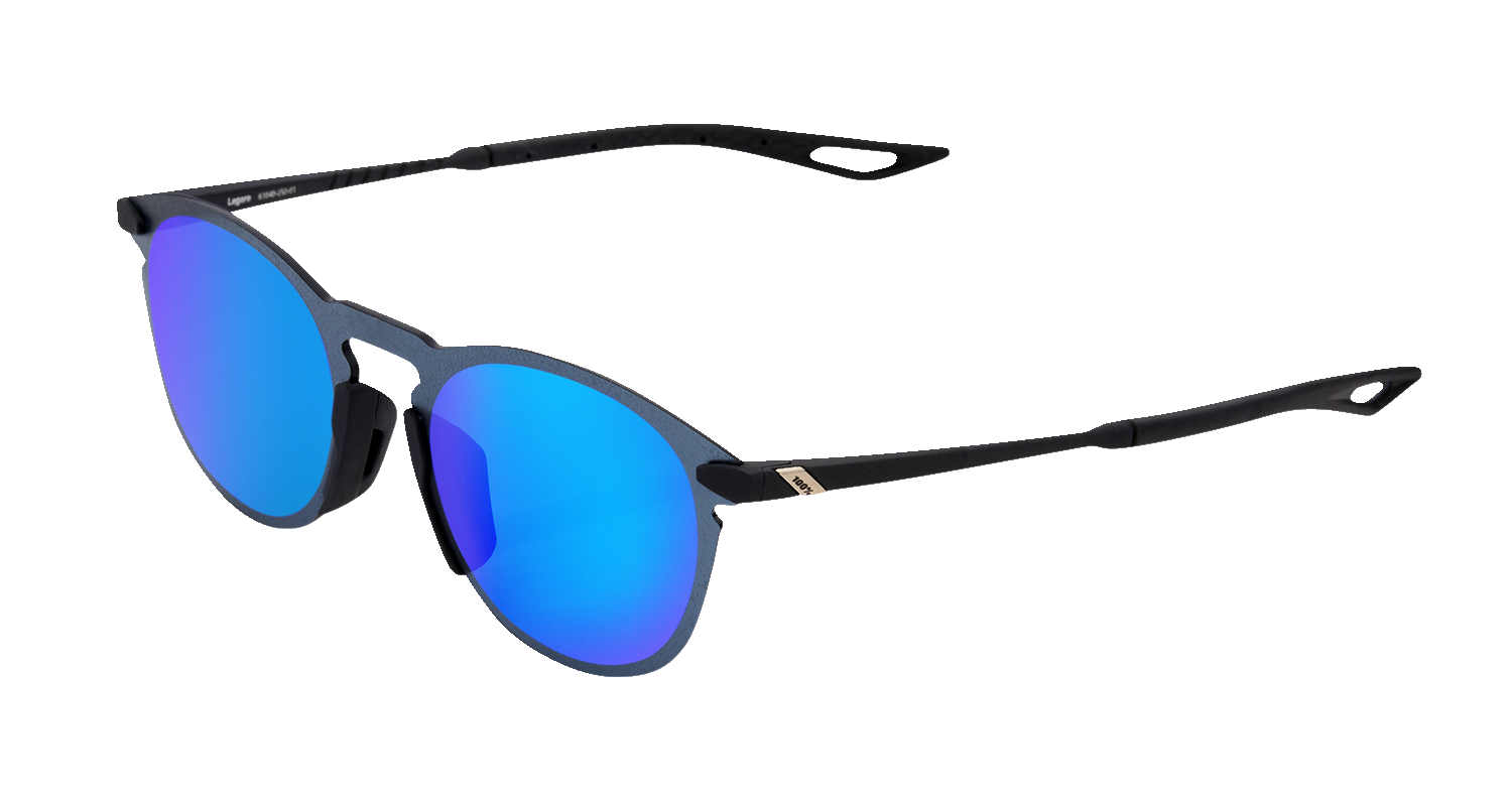 Bill's Exhausts 100% Legere sunglasses with round black soft tact frame and blue mirror lenses, stylish and modern eyewear.