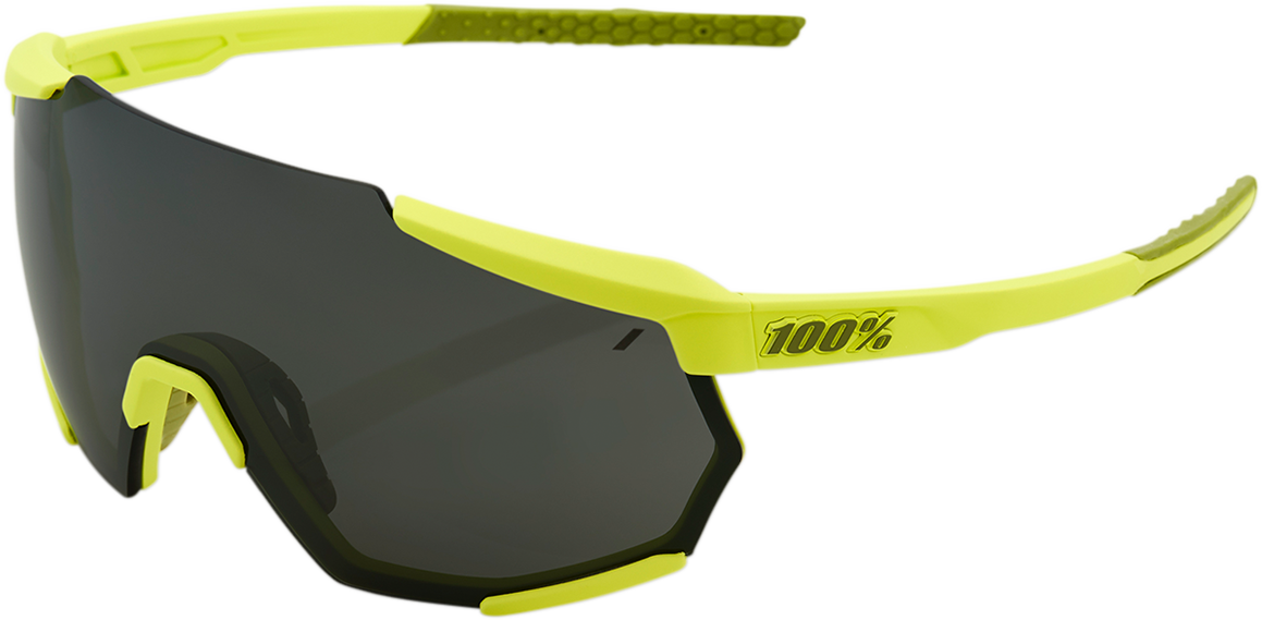 Bill's Exhausts 100% Racetrap Sunglasses with yellow frame and black mirror lenses, stylish and protective eyewear.