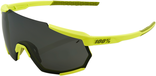 Bill's Exhausts 100% Racetrap Sunglasses with yellow frame and black mirror lenses, stylish and protective eyewear.