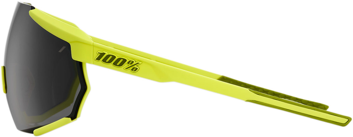Bill's Exhausts 100% Racetrap sunglasses in yellow with black mirror lenses, showcasing sporty design and reflective lens finish.