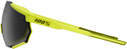 Bill's Exhausts 100% Racetrap sunglasses in yellow with black mirror lenses, showcasing sporty design and reflective lens finish.