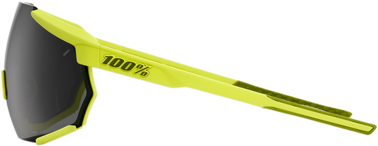 Bill's Exhausts 100% Racetrap sunglasses in yellow with black mirror lenses, showcasing sporty design and reflective lens finish.