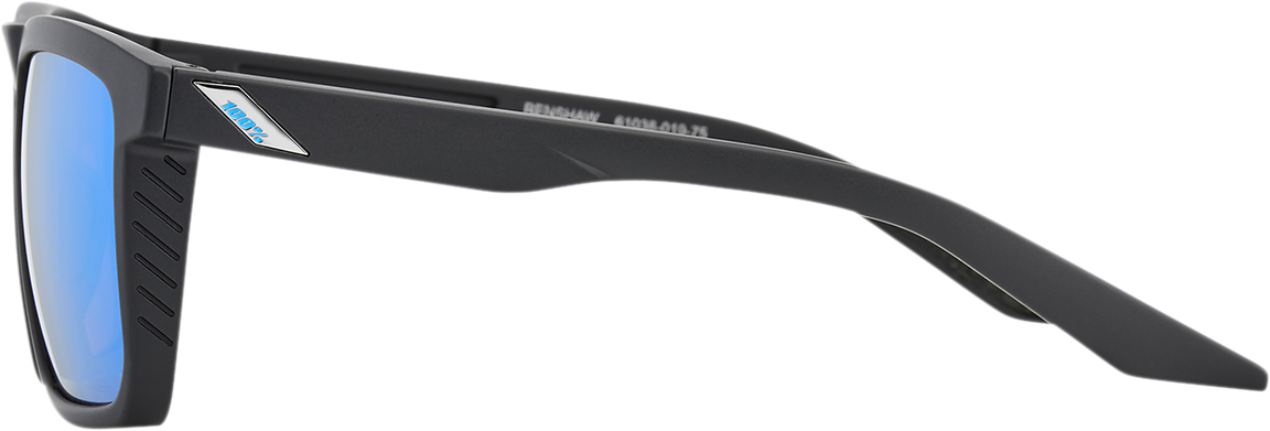 Bill's Exhausts 100% Renshaw sunglasses in matte black with HiPER blue mirror lenses, showcasing sleek frame and reflective lenses.