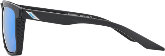 Bill's Exhausts 100% Renshaw sunglasses in matte black with HiPER blue mirror lenses, showcasing sleek frame and reflective lenses.