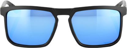 Bill's Exhausts 100% Renshaw sunglasses in matte black with HiPER blue mirror lenses, showcasing stylish eyewear design.