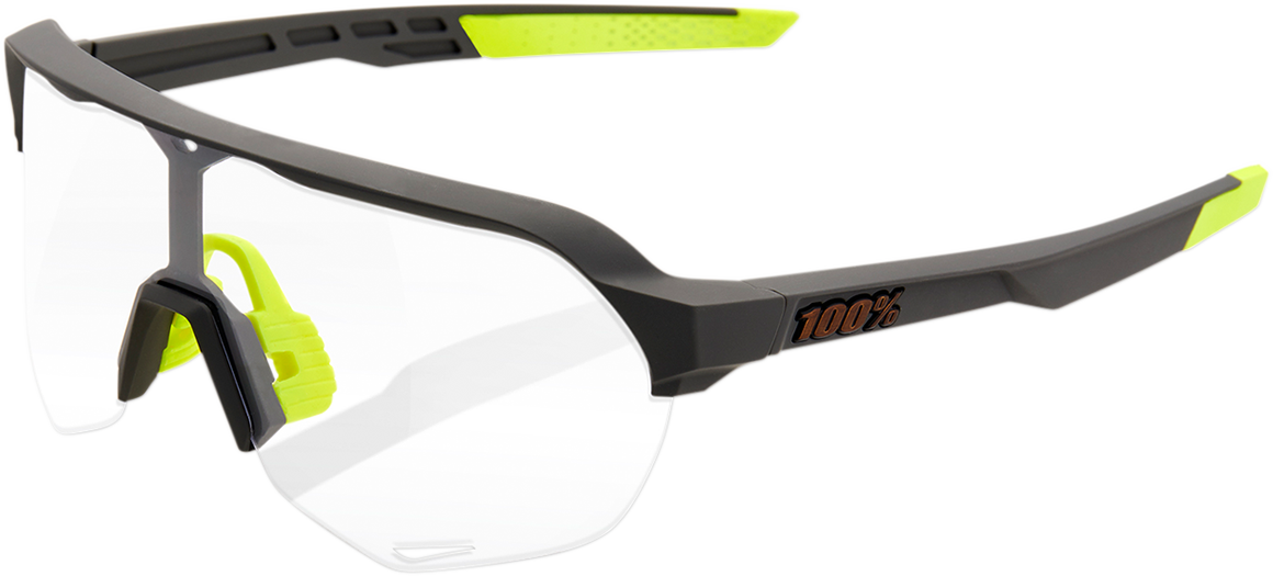 Bill's Exhausts 100% S2 gray photochromic sunglasses showing sleek frame and transition lenses for adaptable eye protection.