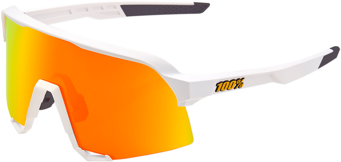Bill's Exhausts 100% S3 sunglasses in white with red mirror lenses, showcasing sporty eyewear with stylish design.