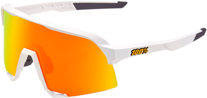 Bill's Exhausts 100% S3 sunglasses in white with red mirror lenses, showcasing sporty eyewear with stylish design.