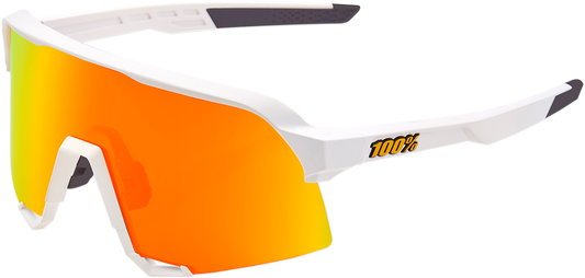Bill's Exhausts 100% S3 sunglasses in white with red mirror lenses, showcasing sporty eyewear with stylish design.