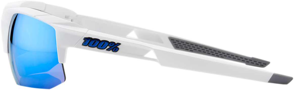 Bill's Exhausts 100% Speedcoupe sunglasses in white with blue mirror lenses, showcasing stylish eyewear design.