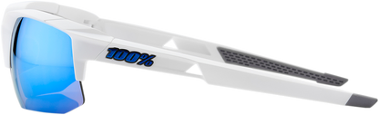 Bill's Exhausts 100% Speedcoupe sunglasses in white with blue mirror lenses, showcasing stylish eyewear design.
