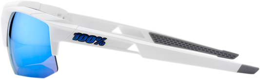 Bill's Exhausts 100% Speedcoupe sunglasses in white with blue mirror lenses, showcasing stylish eyewear design.
