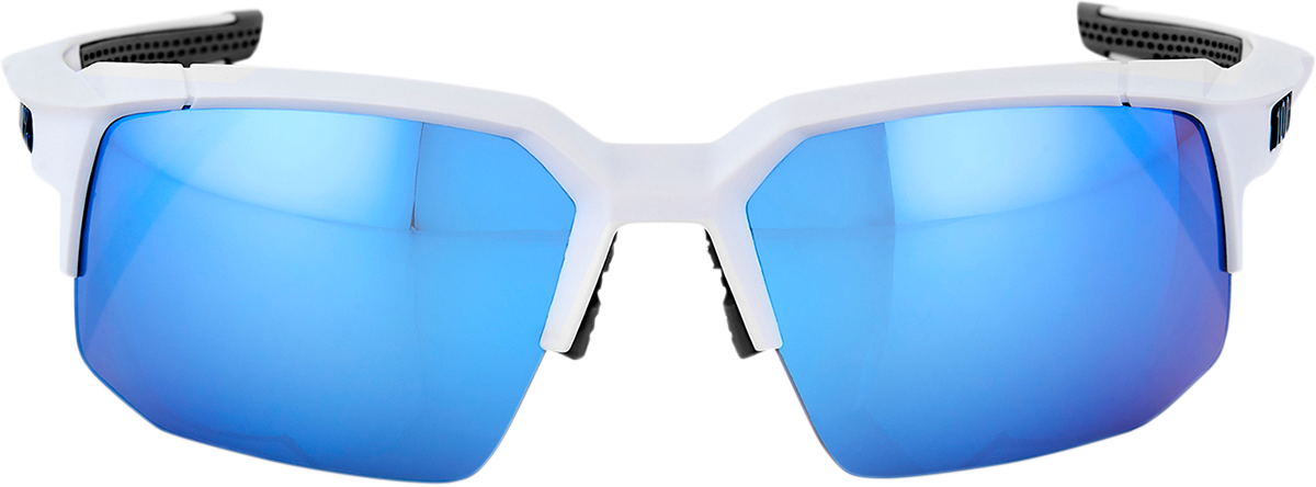 Bill's Exhausts 100% Speedcoupe sunglasses in white with blue mirror lenses, shown in a close-up image.