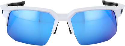 Bill's Exhausts 100% Speedcoupe sunglasses in white with blue mirror lenses, shown in a close-up image.
