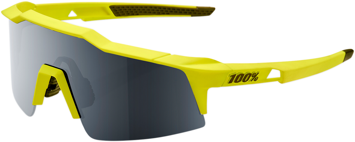 Bill's Exhausts 100% Speedcraft SL sunglasses with soft tact banana frame and black mirror lenses, sporty and stylish eyewear.