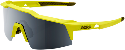 Bill's Exhausts 100% Speedcraft SL sunglasses with soft tact banana frame and black mirror lenses, sporty and stylish eyewear.