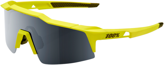 Bill's Exhausts 100% Speedcraft SL sunglasses with soft tact banana frame and black mirror lenses, sporty and stylish eyewear.