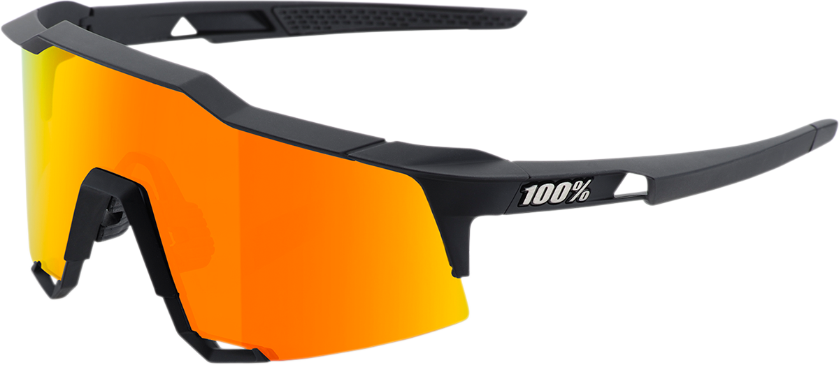Bill's Exhausts 100% Speedcraft sunglasses in black with red mirror lenses, showcasing sporty design and reflective eyewear.