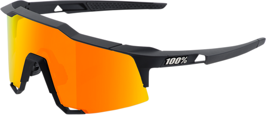 Bill's Exhausts 100% Speedcraft sunglasses in black with red mirror lenses, showcasing sporty design and reflective eyewear.