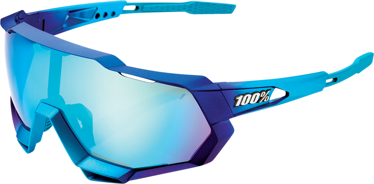 Bill's Exhausts Speedtrap sunglasses with metallic blue frame and blue mirror lenses, stylish and reflective eyewear.