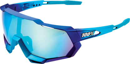 Bill's Exhausts Speedtrap sunglasses with metallic blue frame and blue mirror lenses, stylish and reflective eyewear.