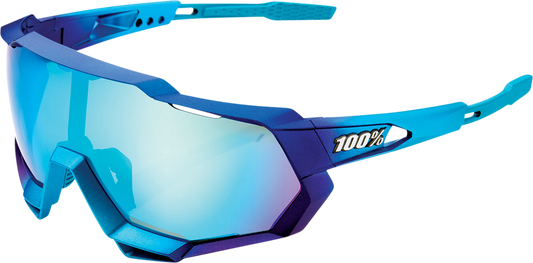 Bill's Exhausts Speedtrap sunglasses with metallic blue frame and blue mirror lenses, stylish and reflective eyewear.