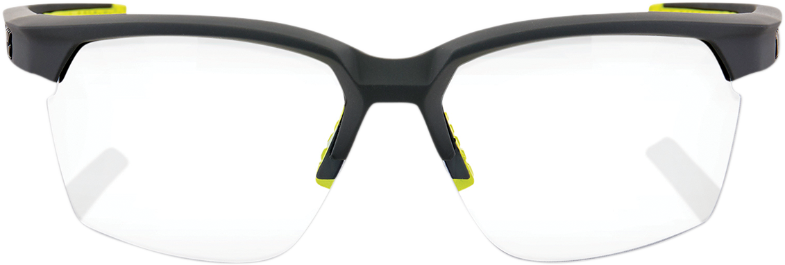 Bill's Exhausts 100% Sportcoupe sunglasses in gray with photochromic lenses, featuring a sleek sporty design and adjustable arms.