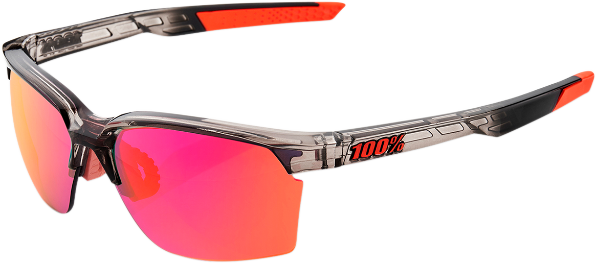 Bill's Exhausts 100% Sportcoupe sunglasses with smoke lenses and purple mirror finish, featuring sporty design and durable frame.