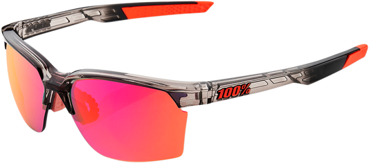 Bill's Exhausts 100% Sportcoupe sunglasses with smoke lenses and purple mirror finish, featuring sporty design and durable frame.