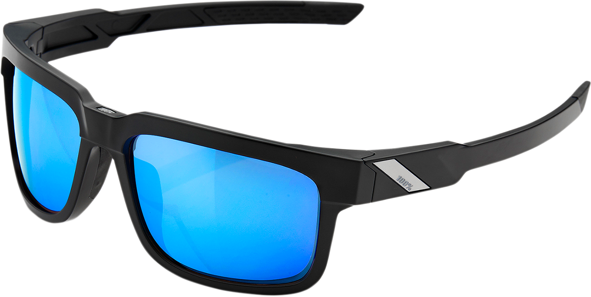 Bill's Exhausts 100% Type-S sunglasses in black with blue mirror lenses, stylish eyewear for outdoor activities.