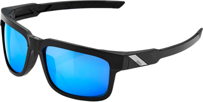 Bill's Exhausts 100% Type-S sunglasses in black with blue mirror lenses, stylish eyewear for outdoor activities.