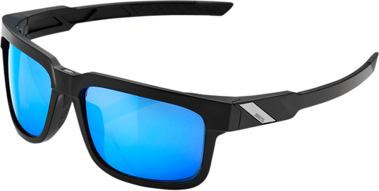 Bill's Exhausts 100% Type-S sunglasses in black with blue mirror lenses, stylish eyewear for outdoor activities.