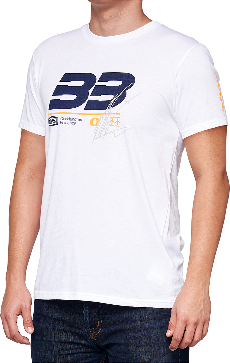 White 100% BB33 Signature T-Shirt by Bill's Exhausts, medium size, casual fit, featuring the product label and simple design.
