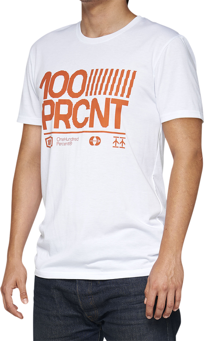 White 100% Tech Surman T-Shirt in XL by Bill's Exhausts, showcasing the front view with logo and fabric texture.