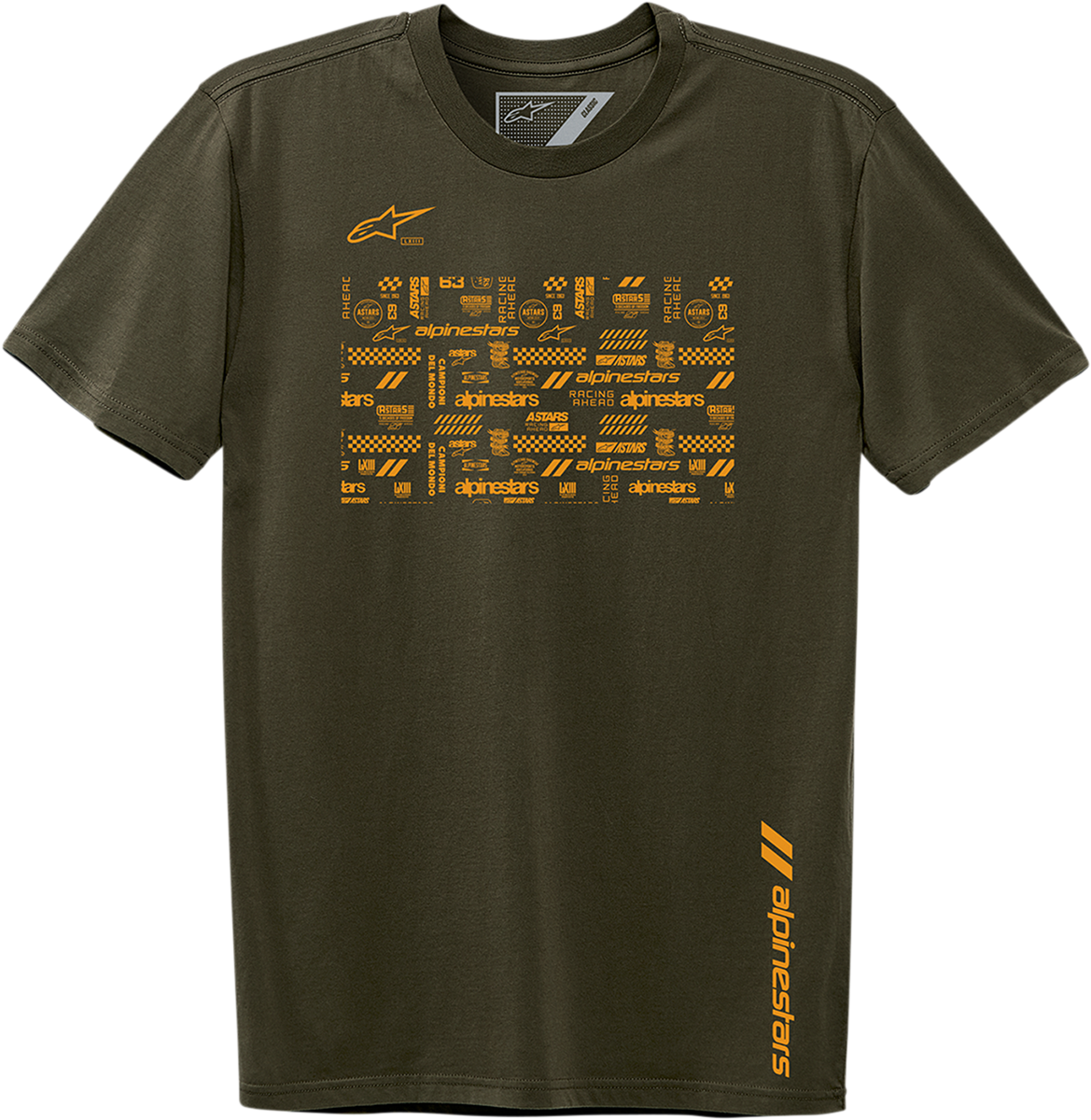 Alpinestars Chaotic T-Shirt in military green, large size, casual cotton t-shirt with graphic design, by Bill's Exhausts.