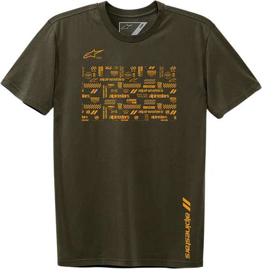 Alpinestars Chaotic T-Shirt in military green, large size, casual cotton t-shirt with graphic design, by Bill's Exhausts.
