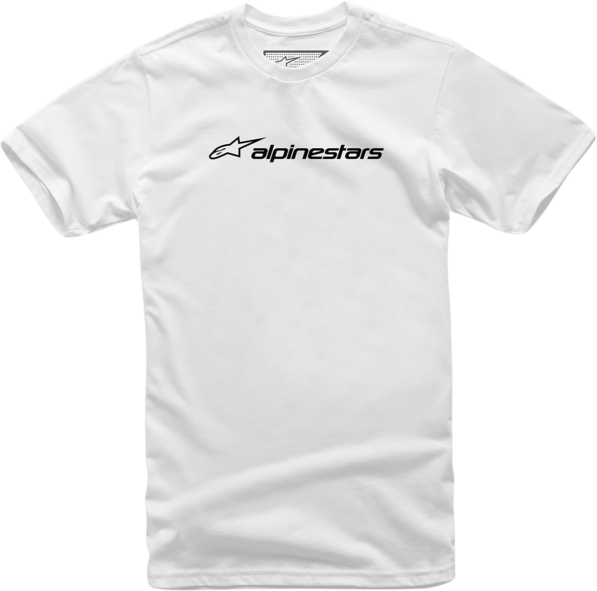 Alpinestars Linear T-Shirt in white and black, medium size, casual fit, featuring the Alpinestars logo, made by Bill's Exhausts.