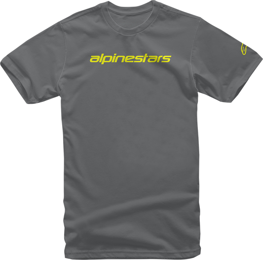 Alpinestars Linear Wordmark T-Shirt in charcoal and fluorescent yellow, XL size, featuring the brand logo on the front.