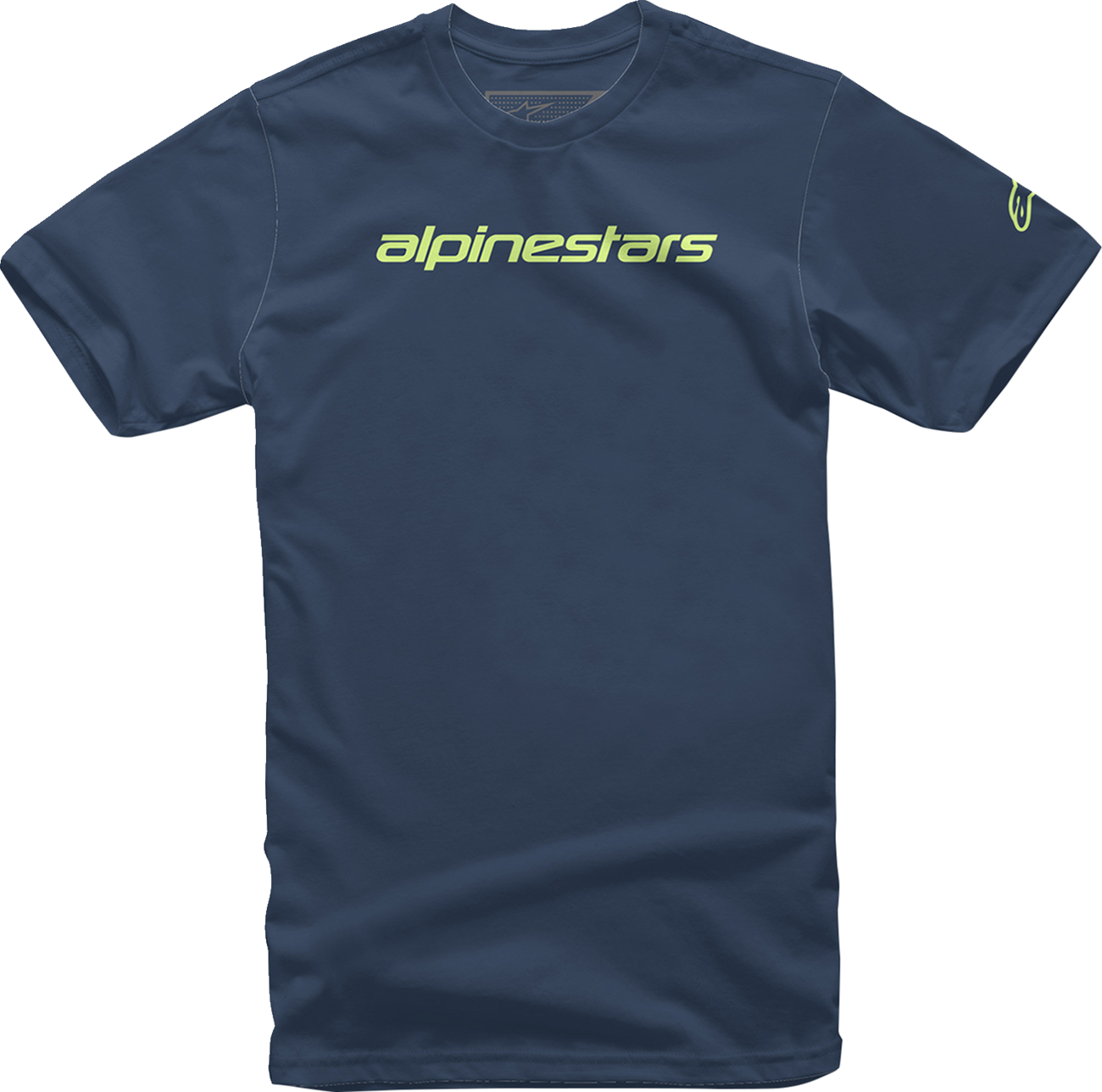 Alpinestars Linear Wordmark T-Shirt in navy and lime, large size, featuring the brand logo on the front, casual fit.