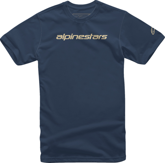 Alpinestars Linear Wordmark T-Shirt in navy and stone, size XL, casual cotton tee with brand logo print, front view.