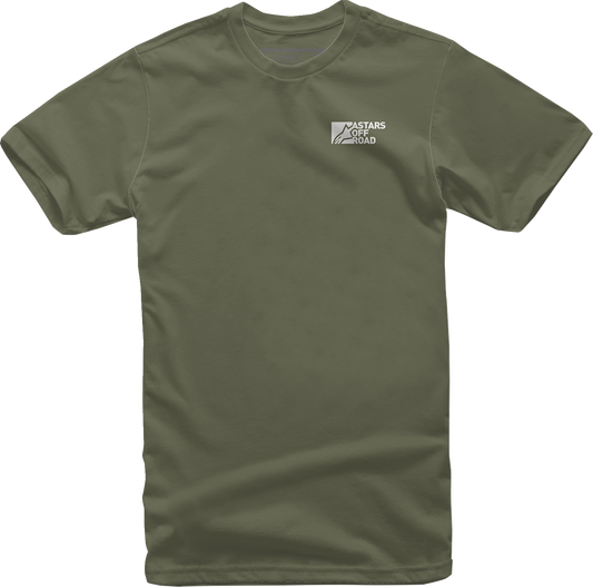 Alpinestars painted T-shirt in military green, large size, featuring a graphic design, by Bill's Exhausts.