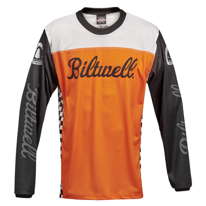 Orange and black BILTWELL Good Times Jersey T-shirt by Bill's Exhausts, small size, with bold graphic design.