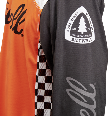 Orange and black BILTWELL Good Times Jersey T-shirt by Bill's Exhausts in small size, featuring bold graphic design.